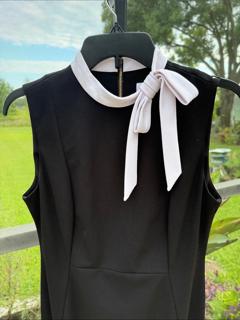 Calvin Klein Black Midi Dress with White Neck Tie Bow